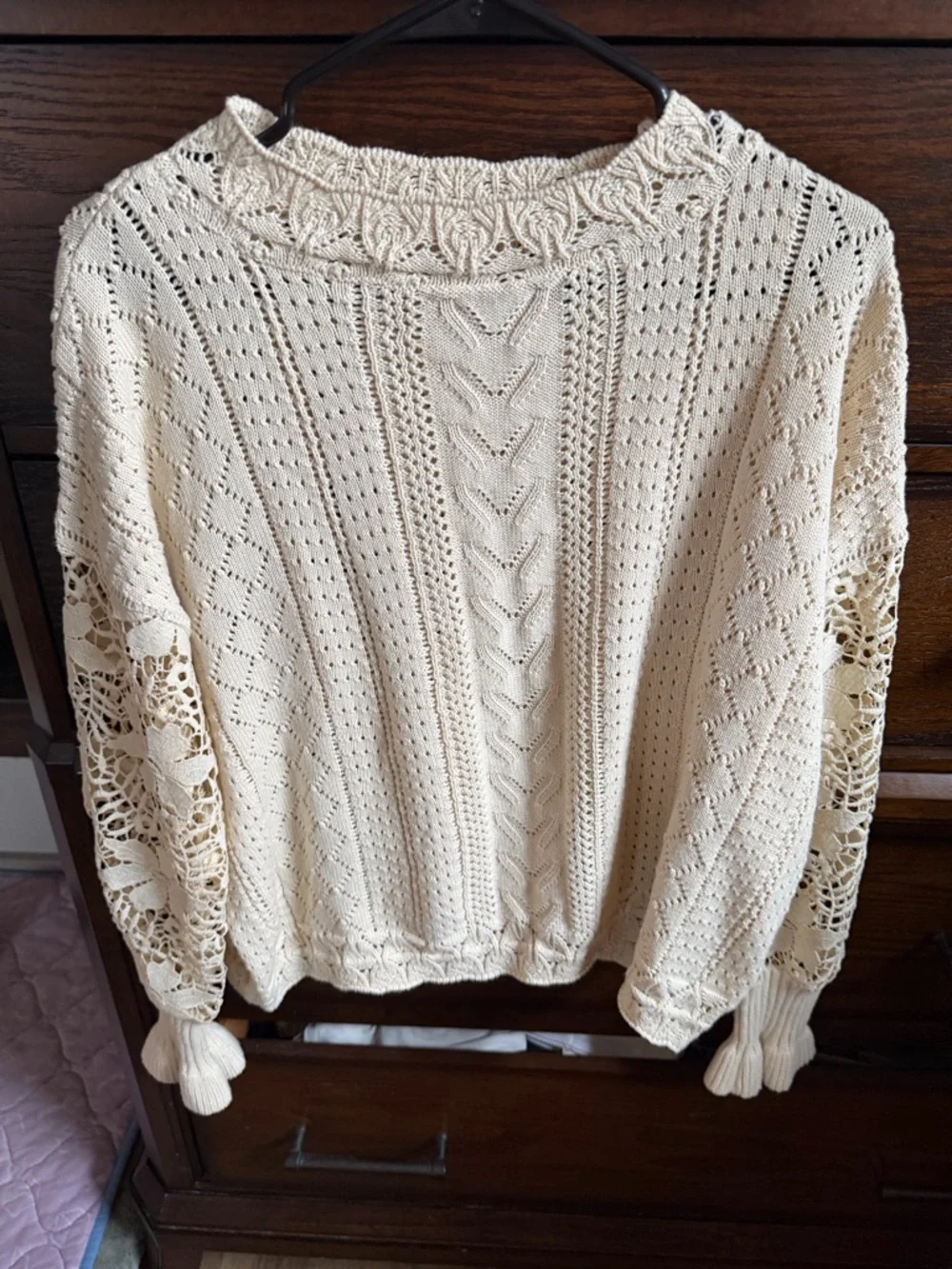 Open-Knit Cream Cable & Lace-Sleeve Sweater - Picture 2 of 7